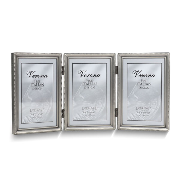 Pewter Portrait Hinged Brushed and Beaded 4x6 Triple Photo Frame