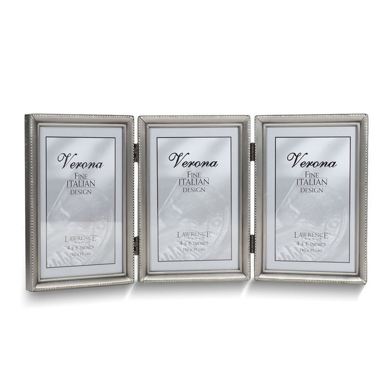 Pewter Portrait Hinged Brushed and Beaded 4x6 Triple Photo Frame