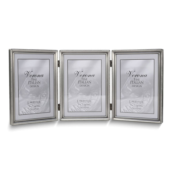 Pewter Portrait Hinged Brushed and Beaded 5x7 Triple Photo Frame