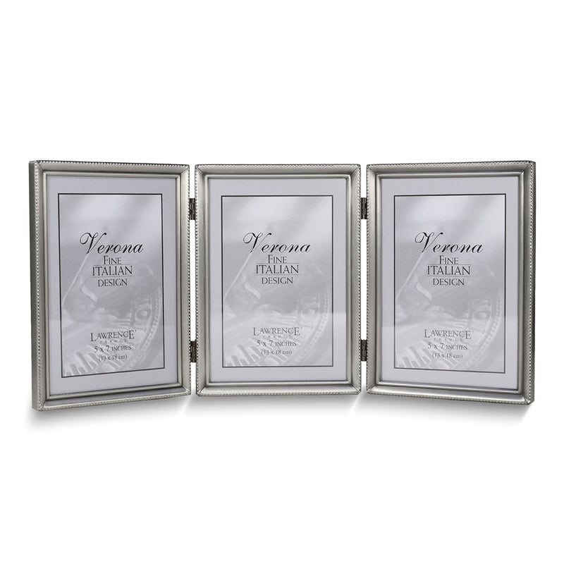 Pewter Portrait Hinged Brushed and Beaded 5x7 Triple Photo Frame