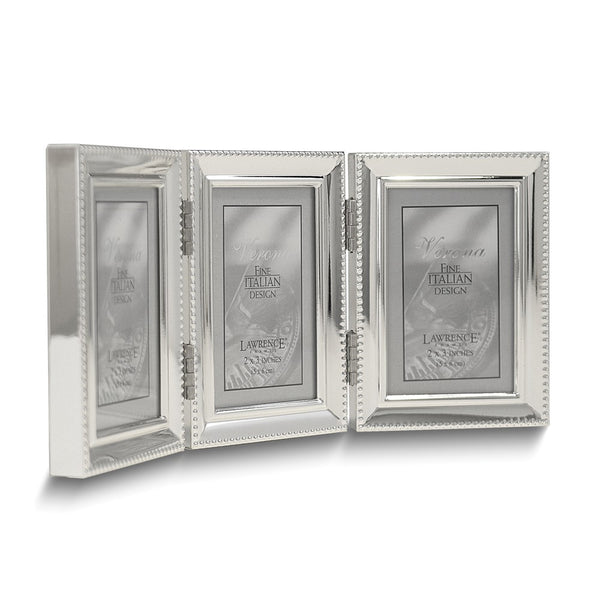 Silver-tone Portrait Hinged Polished Beaded 2x3 Triple Photo Frame