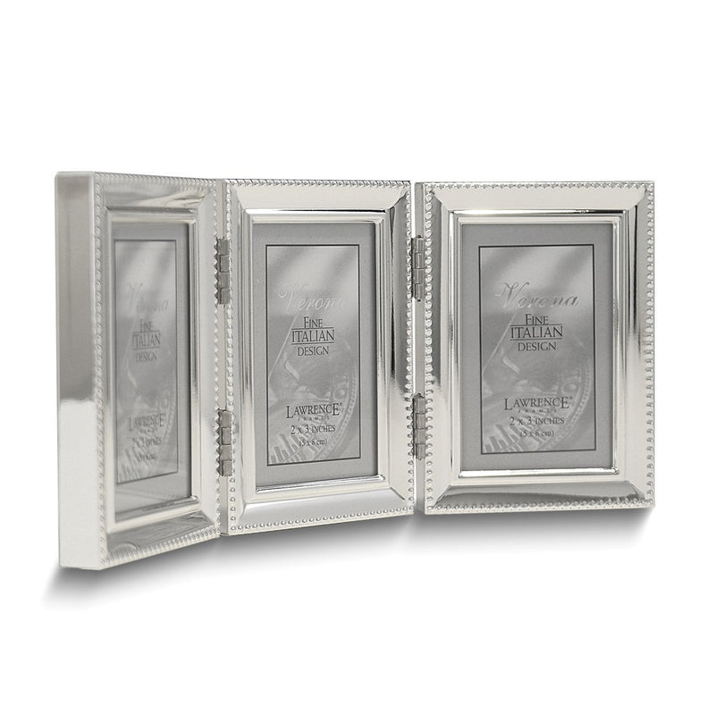 Silver-tone Portrait Hinged Polished Beaded 2x3 Triple Photo Frame
