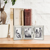 Silver-tone Portrait Hinged Polished Beaded 2x3 Triple Photo Frame