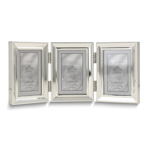 Silver-tone Portrait Hinged Polished Beaded 2x3 Triple Photo Frame