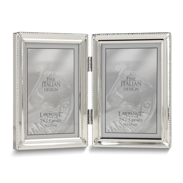 Silver-tone Portrait Hinged Polished Beaded 3x5 Double Photo Frame