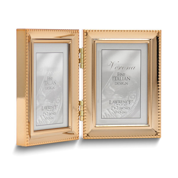 Gold-tone Portrait Hinged Polished Beaded 2x3 Double Photo Frame