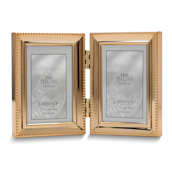 Gold-tone Portrait Hinged Polished Beaded 2x3 Double Photo Frame