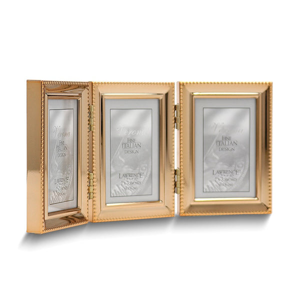 Gold-tone Portrait Hinged Polished Beaded 2x3 Triple Photo Frame
