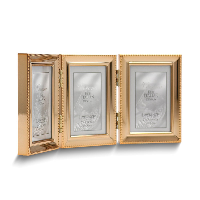 Gold-tone Portrait Hinged Polished Beaded 2x3 Triple Photo Frame