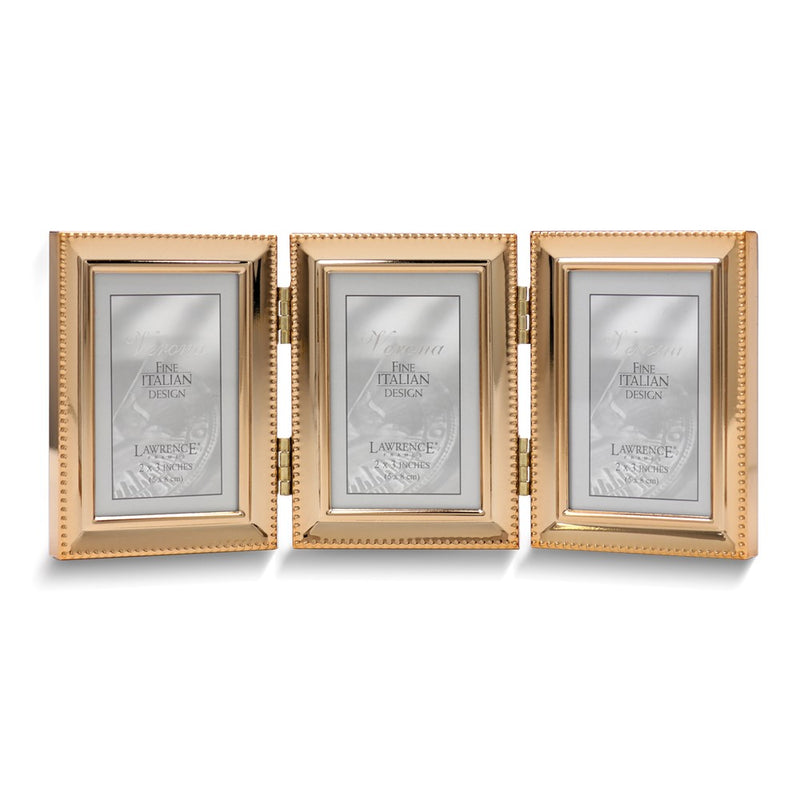 Gold-tone Portrait Hinged Polished Beaded 2x3 Triple Photo Frame
