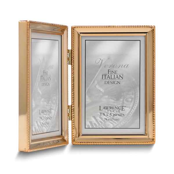 Gold-tone Portrait Hinged Polished Beaded 3x5 Double Photo Frame