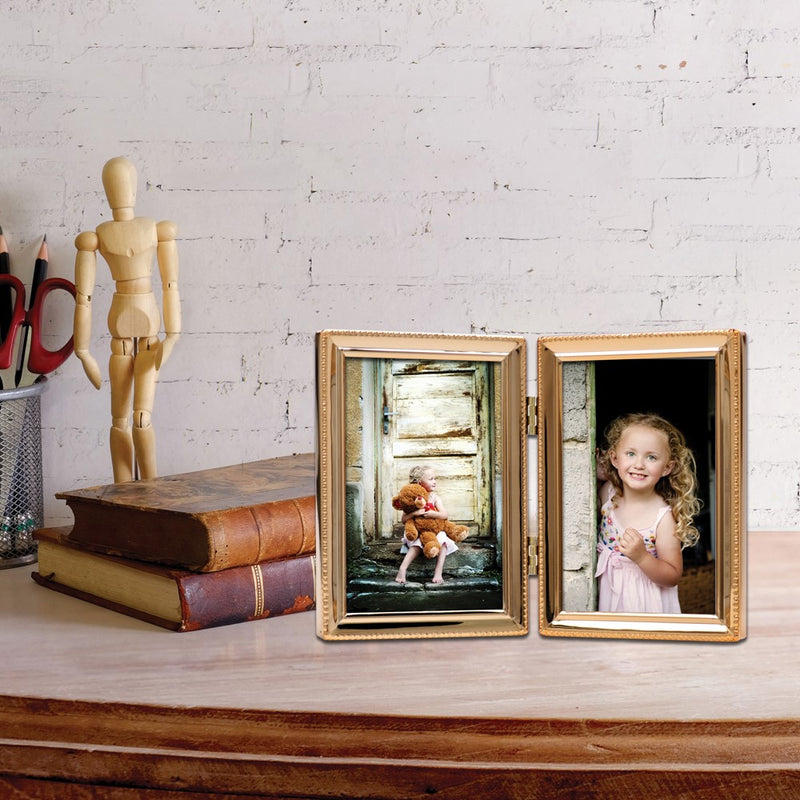 Gold-tone Portrait Hinged Polished Beaded 3x5 Double Photo Frame