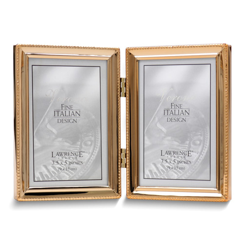 Gold-tone Portrait Hinged Polished Beaded 3x5 Double Photo Frame