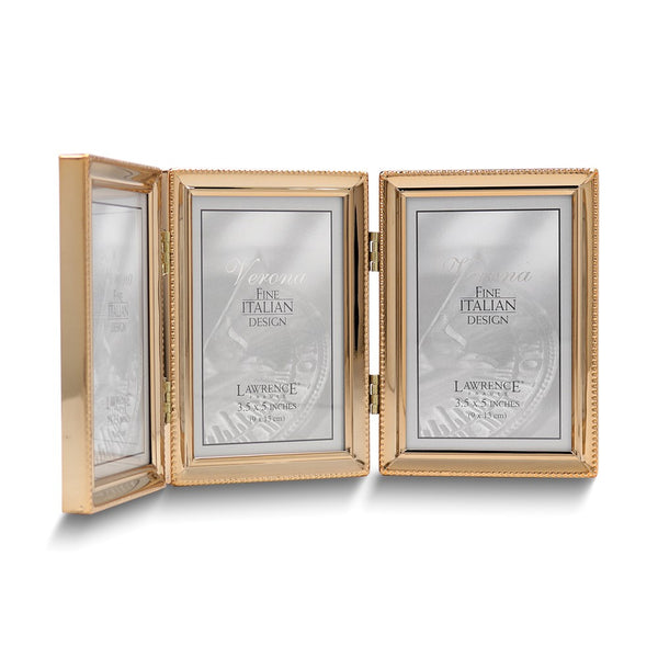 Gold-tone Portrait Hinged Polished Beaded 3x5 Triple Photo Frame