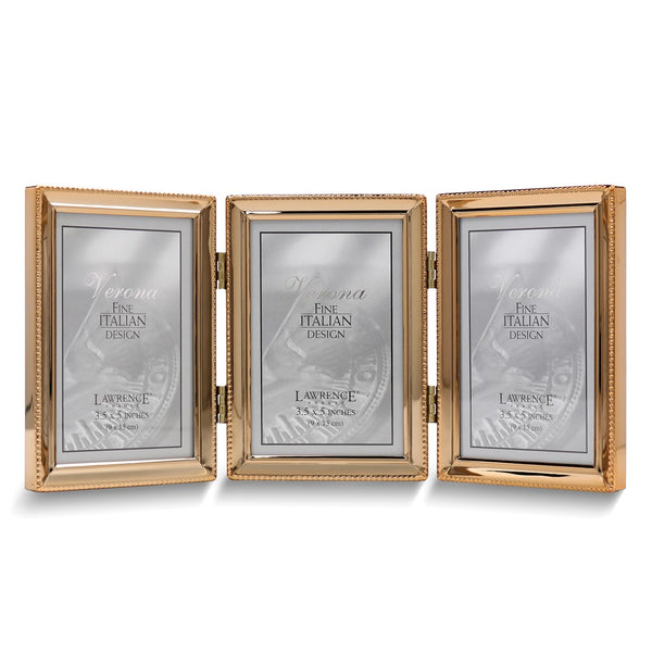 Gold-tone Portrait Hinged Polished Beaded 3x5 Triple Photo Frame