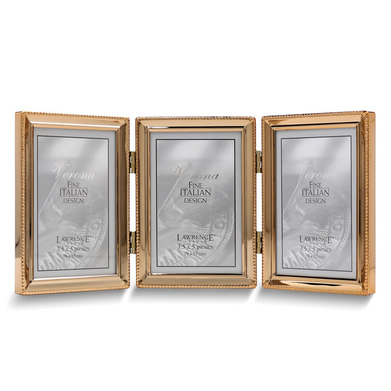 Gold-tone Portrait Hinged Polished Beaded 3x5 Triple Photo Frame