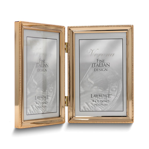 Gold-tone Portrait Hinged Polished Beaded 4x6 Double Photo Frame