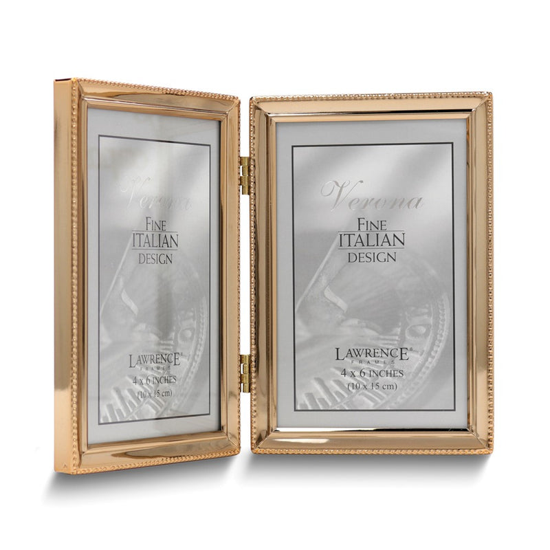 Gold-tone Portrait Hinged Polished Beaded 4x6 Double Photo Frame