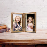 Gold-tone Portrait Hinged Polished Beaded 4x6 Double Photo Frame