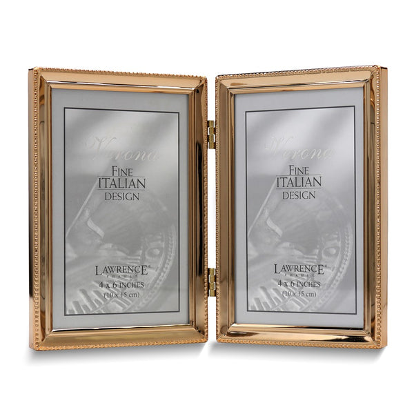 Gold-tone Portrait Hinged Polished Beaded 4x6 Double Photo Frame