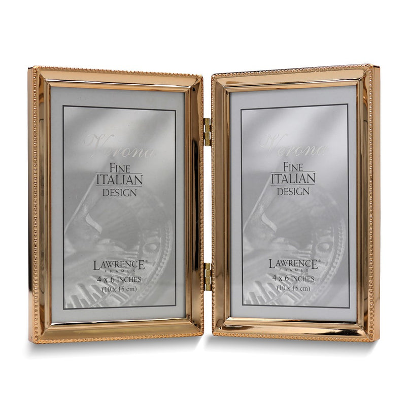 Gold-tone Portrait Hinged Polished Beaded 4x6 Double Photo Frame
