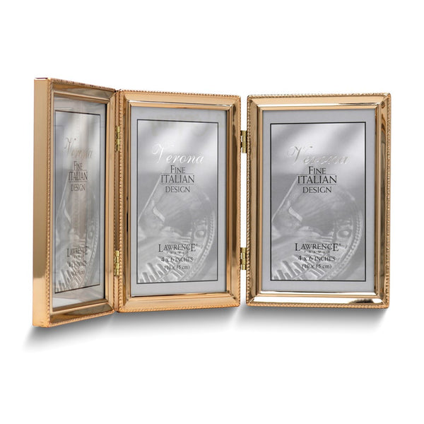 Gold-tone Portrait Hinged Polished Beaded 4x6 Triple Photo Frame