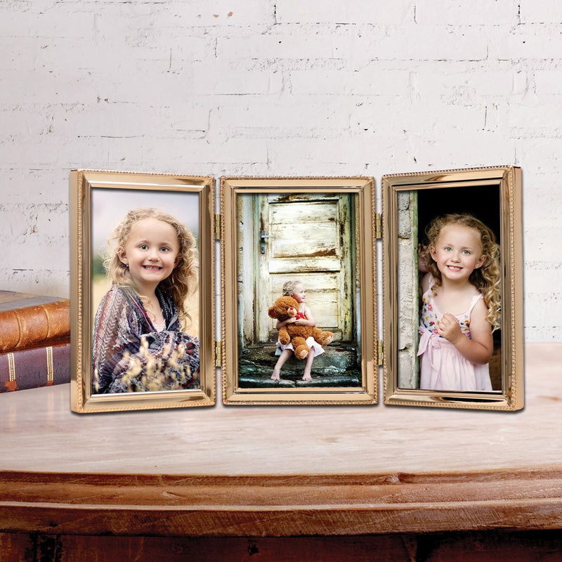 Gold-tone Portrait Hinged Polished Beaded 4x6 Triple Photo Frame
