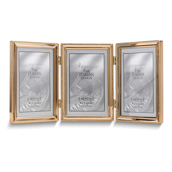 Gold-tone Portrait Hinged Polished Beaded 4x6 Triple Photo Frame