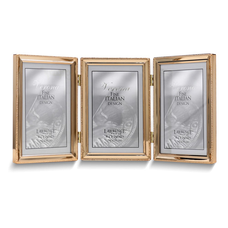 Gold-tone Portrait Hinged Polished Beaded 4x6 Triple Photo Frame