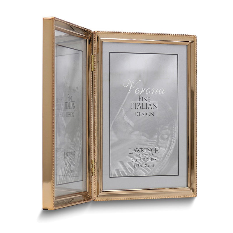 Gold-tone Portrait Hinged Polished Beaded 5x7 Double Photo Frame