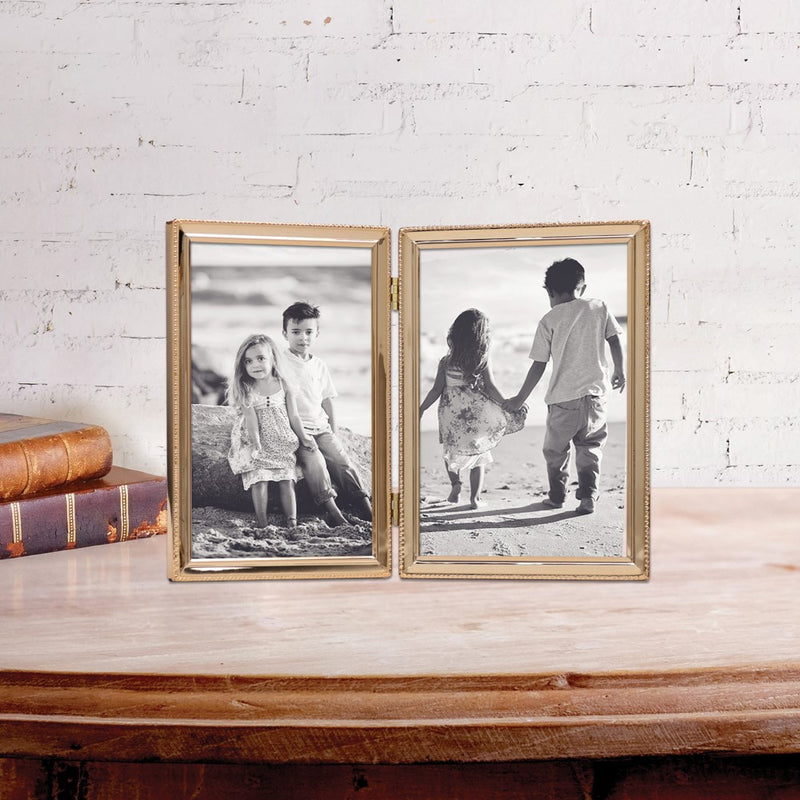 Gold-tone Portrait Hinged Polished Beaded 5x7 Double Photo Frame