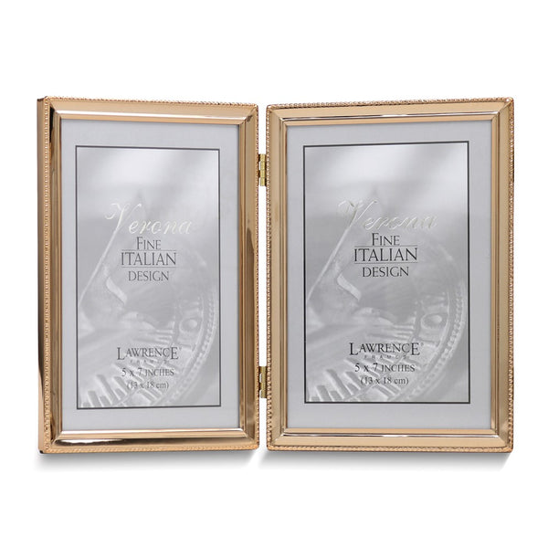 Gold-tone Portrait Hinged Polished Beaded 5x7 Double Photo Frame