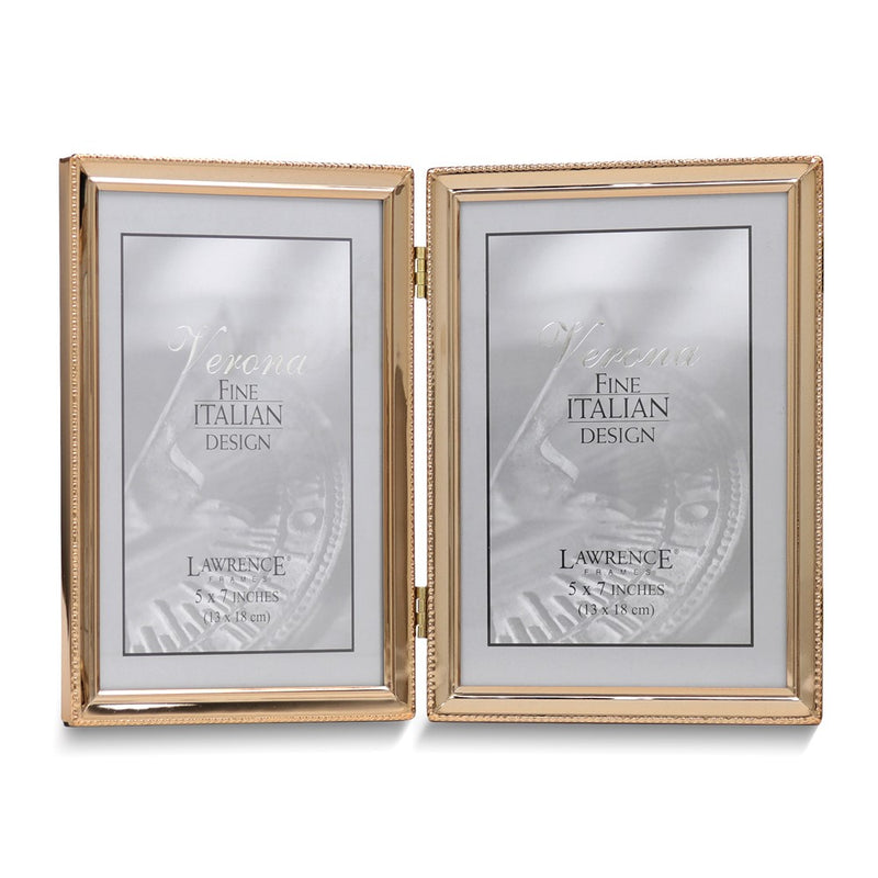 Gold-tone Portrait Hinged Polished Beaded 5x7 Double Photo Frame