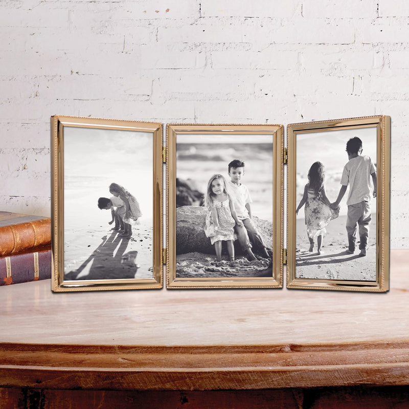 Gold-tone Portrait Hinged Polished Beaded 5x7 Triple Photo Frame