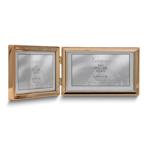 Gold-tone Landscape Hinged Polished Beaded 6x4 Double Photo Frame