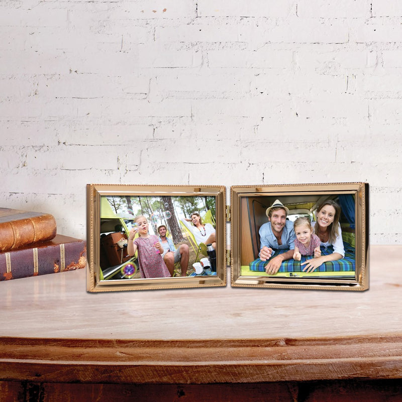 Gold-tone Landscape Hinged Polished Beaded 6x4 Double Photo Frame