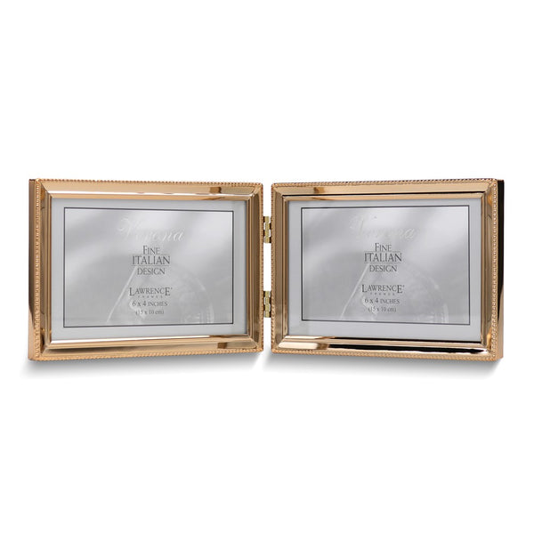 Gold-tone Landscape Hinged Polished Beaded 6x4 Double Photo Frame