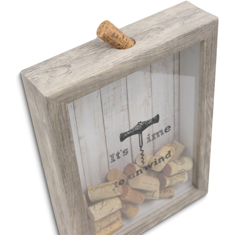 It's Time to Unwind Weathered Gray with Glass Window Cork Holder Shadow Box