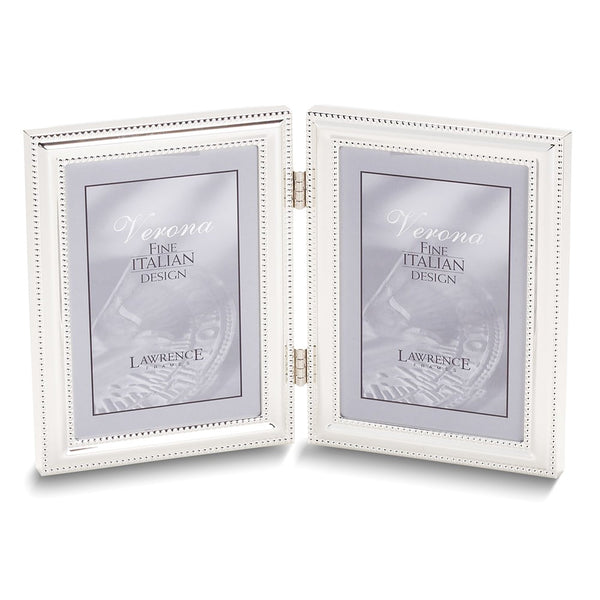 Silver-tone Portrait Hinged Polished Double Beaded 4x5 Double Photo Frame