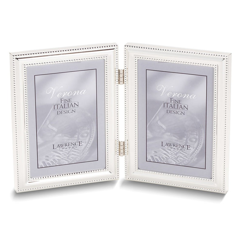Silver-tone Portrait Hinged Polished Double Beaded 4x5 Double Photo Frame