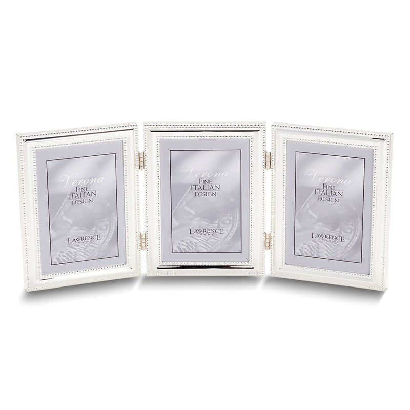 Silver-tone Portrait Hinged Polished Double Beaded 4x5 Triple Photo Frame