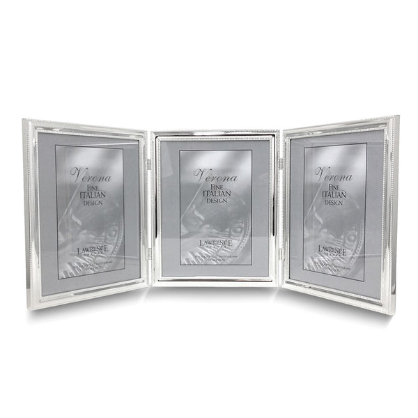 Silver-tone Portrait Hinged Polished Double Beaded 8x10 Triple Photo Frame