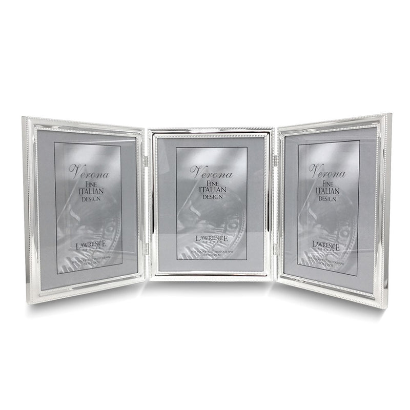 Silver-tone Portrait Hinged Polished Double Beaded 8x10 Triple Photo Frame