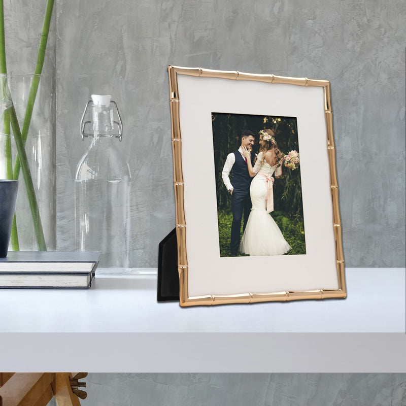 Gold-tone 8x10 Bamboo Metal Photo Frame with Mat for 5x7 Photo