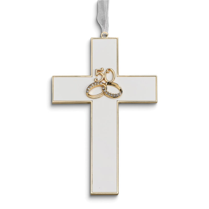 50th Anniversary Silver-tone with Gold-tone Wedding Rings Wall Cross