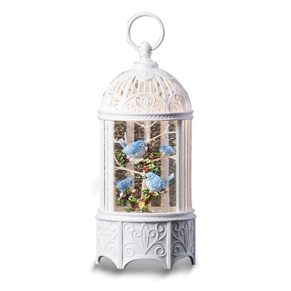 LED Bluebirds in White Birdcage Snow Lantern
