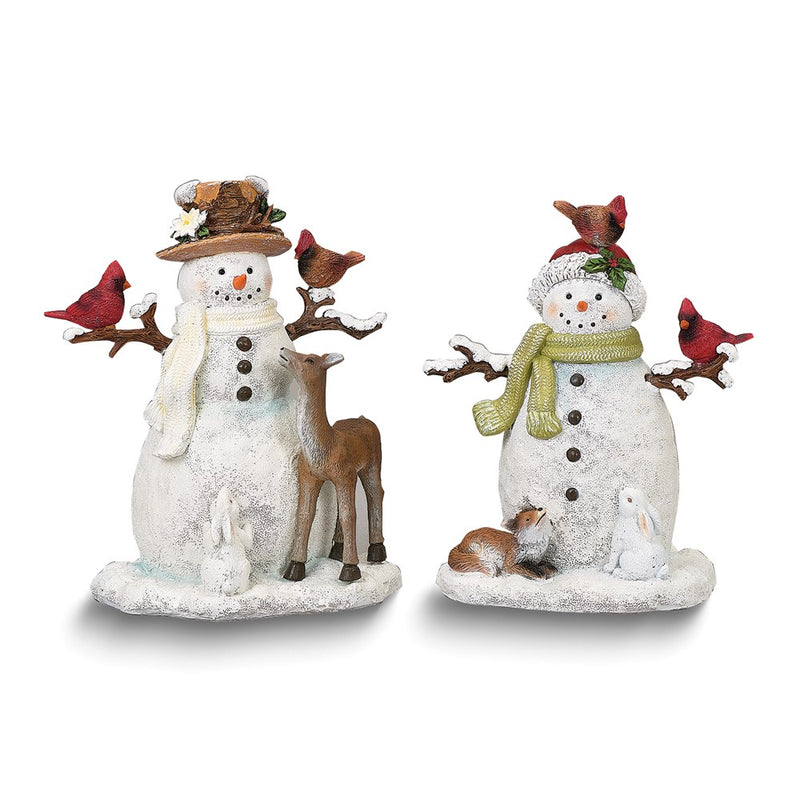Set of 2 Snowmen with Animals Resing Figurines
