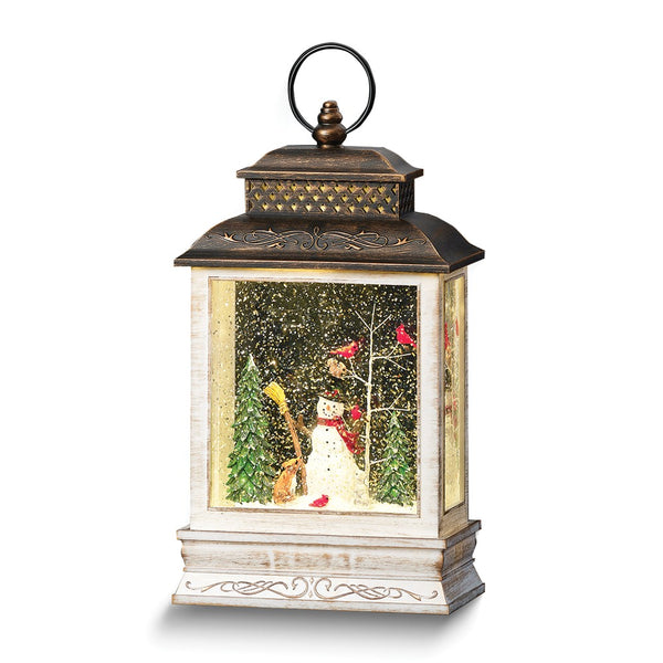 LED Snowman in Woods with Cardinals Snow Lantern with Antique Finish Top