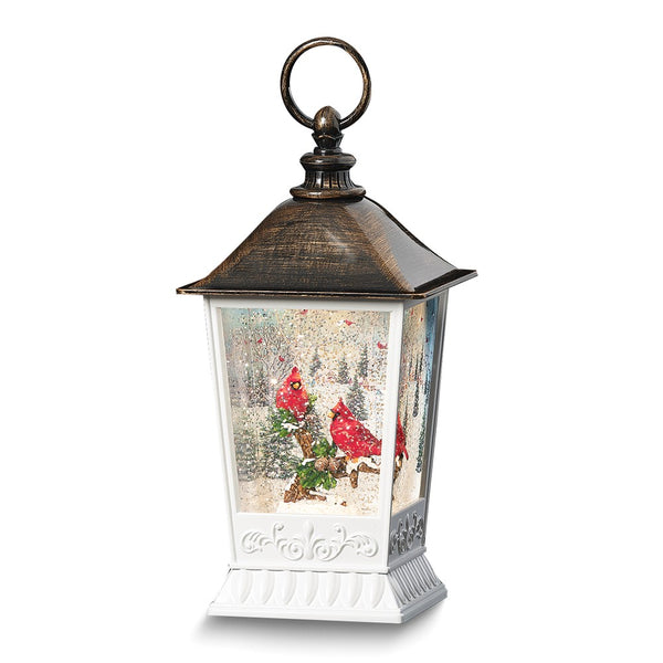 White with Bronze-tone Top LED Cardinal Print Snow Lantern