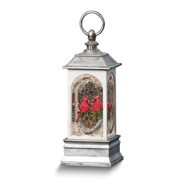 Grey Antique Finish LED Cardinals in the Snow Lantern